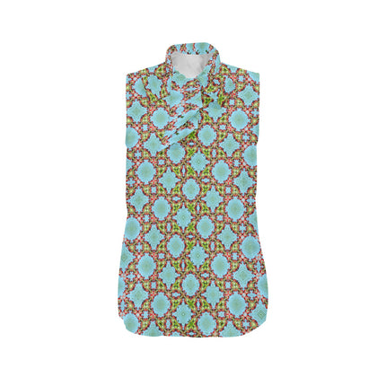 Bow Tie V Neck Sleeveless Blouse Buffalo Berries Blue