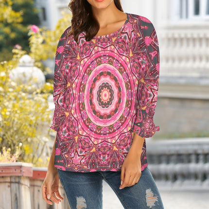 Crew Neck Pleated Sleeve T-Shirt Pink Gray Medallion