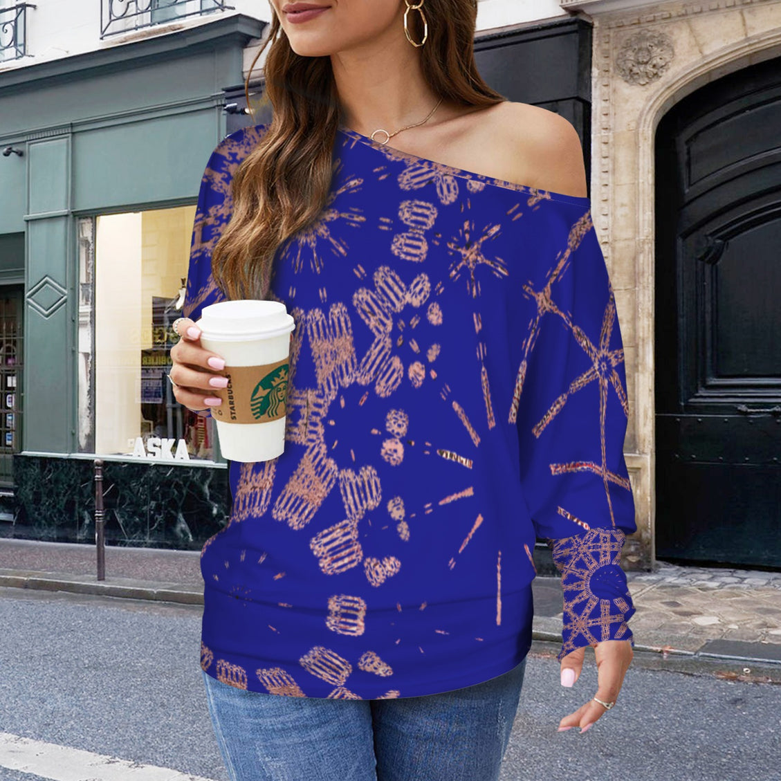 Batwing Sleeve Top Indigo and Rose Gold Graphic