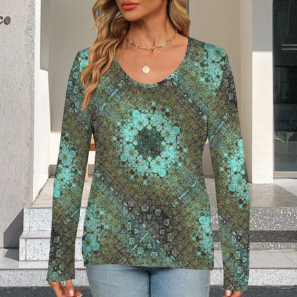 V Neck Long Sleeve Sweater Blue Algae