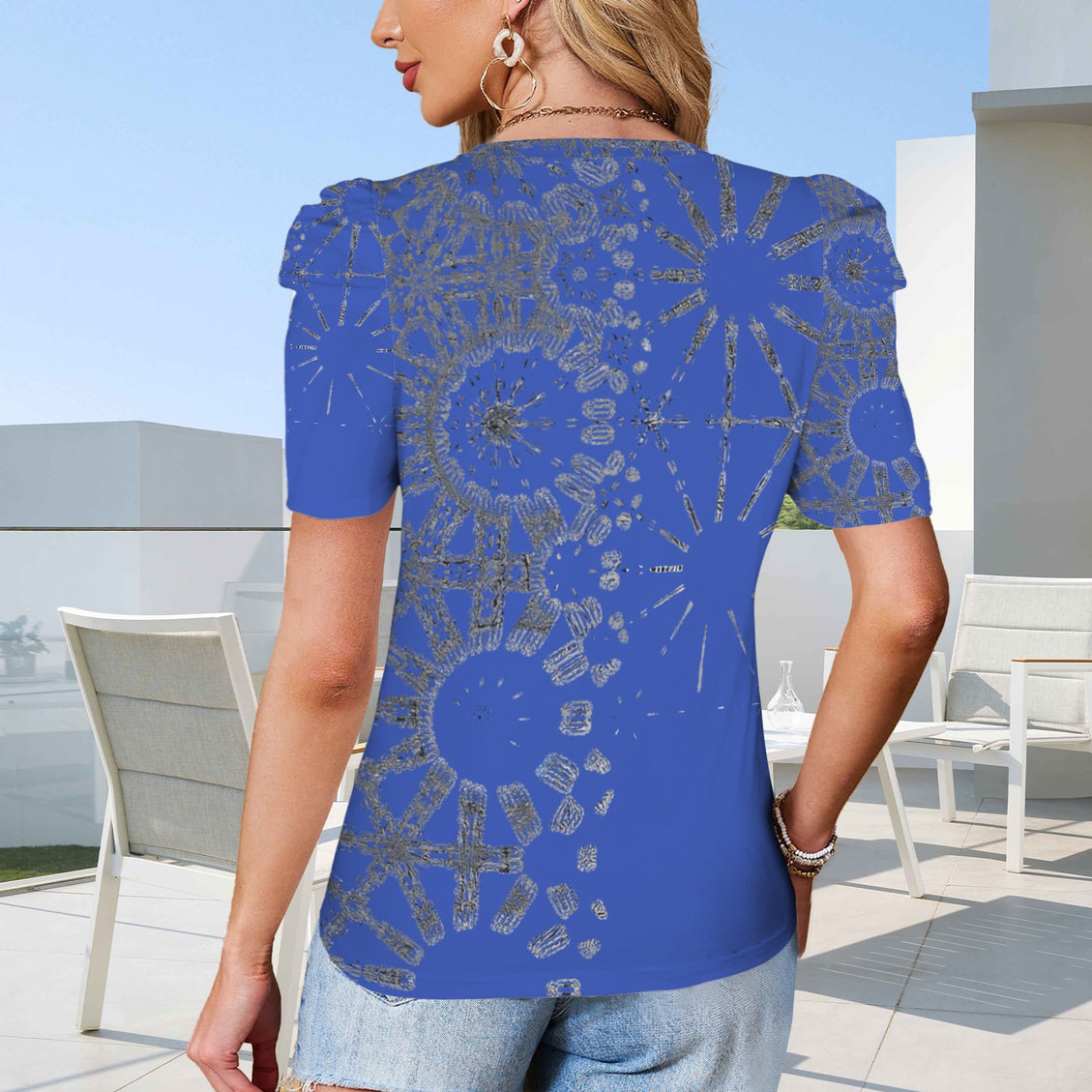 Puff Sleeve T-Shirt Blue and Silver Metallic Graphic