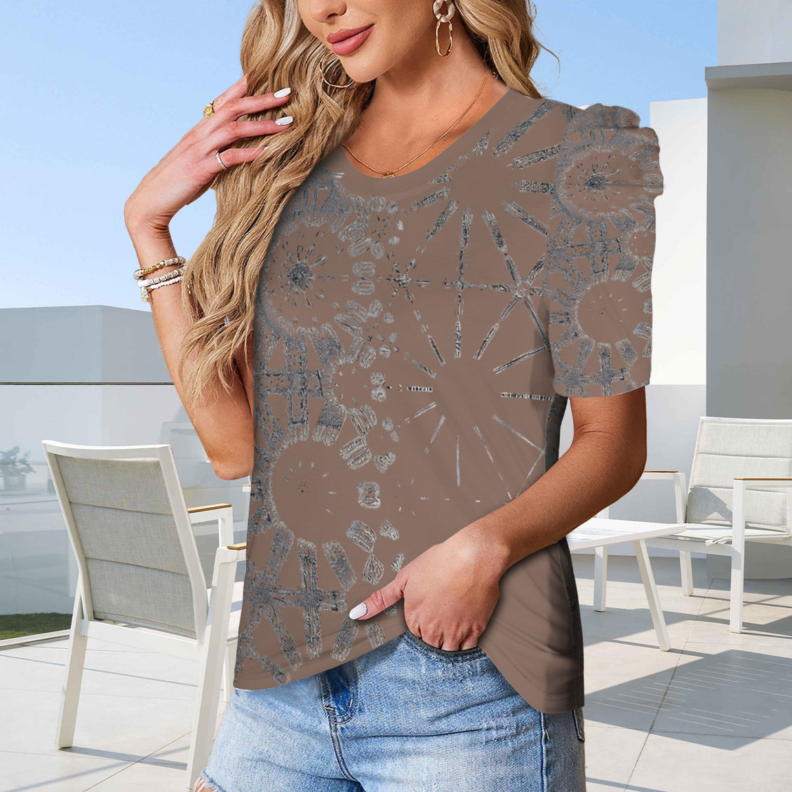 Puff Sleeve T-Shirt Brown and Silver Metallic Graphic