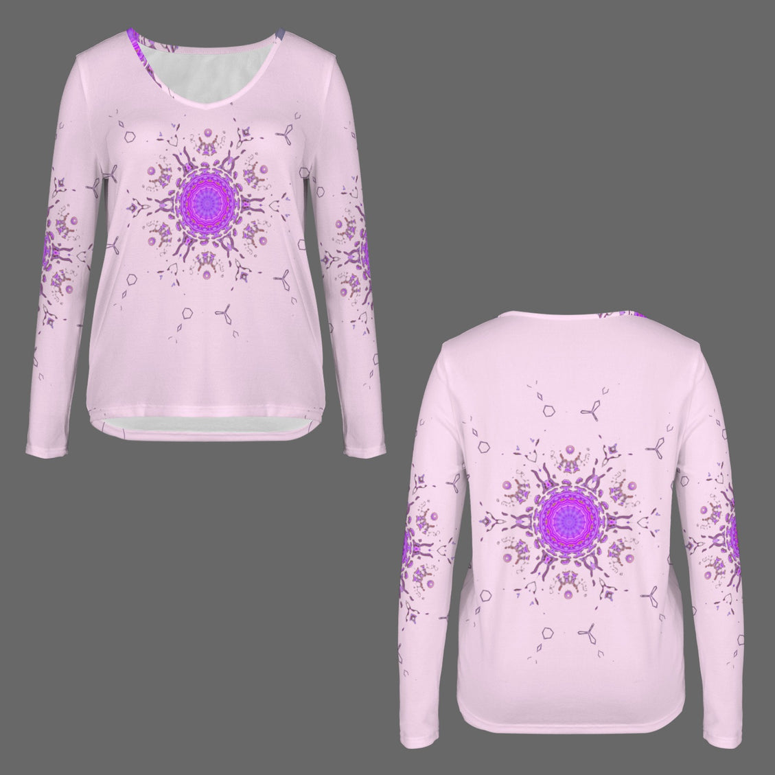 Long Sleeve V Neck Top Pink Bergamot Medallion II