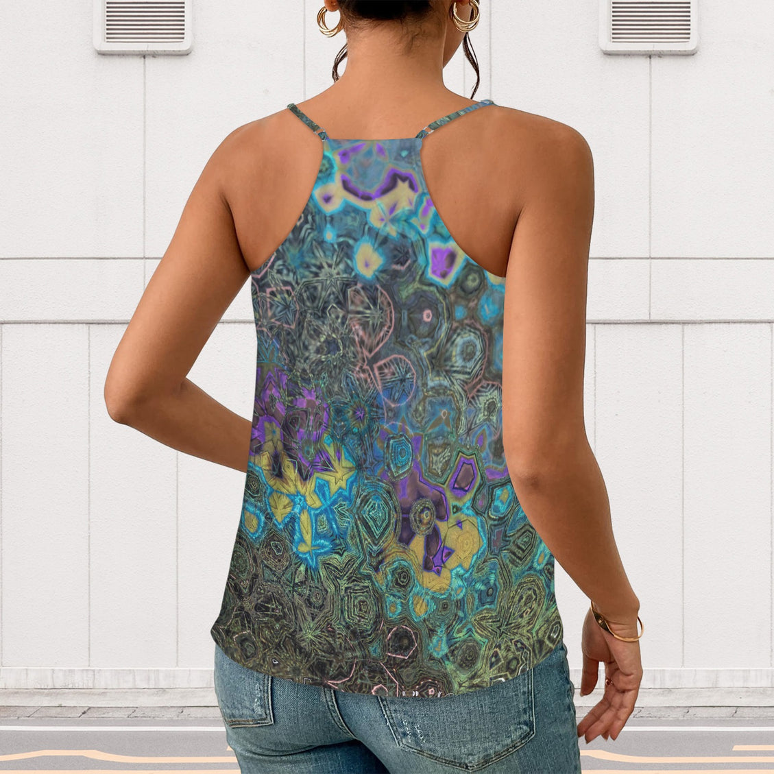 V Neck Cami Peacock Feathers Abstract Turquoise