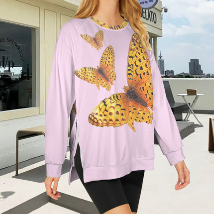 Crew Neck Long Sleeve Side Zip Sweatshirt Butterfly