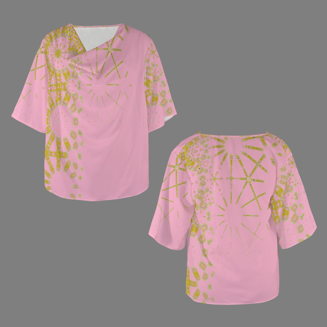 Draped Neck Blouse Pink Gold Graphic