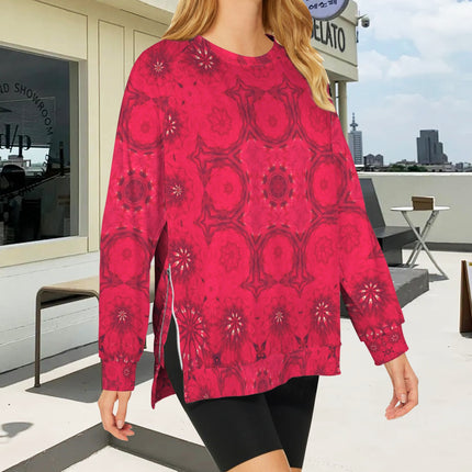 Crew Neck Long Sleeve Side Zip Sweatshirt Red Hollyhocks