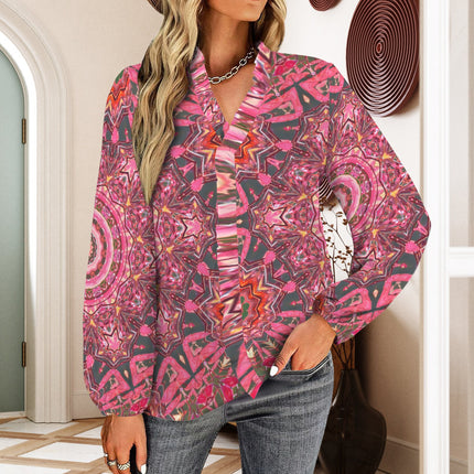 Long Sleeve Ruffled V Neck Shirt Pink