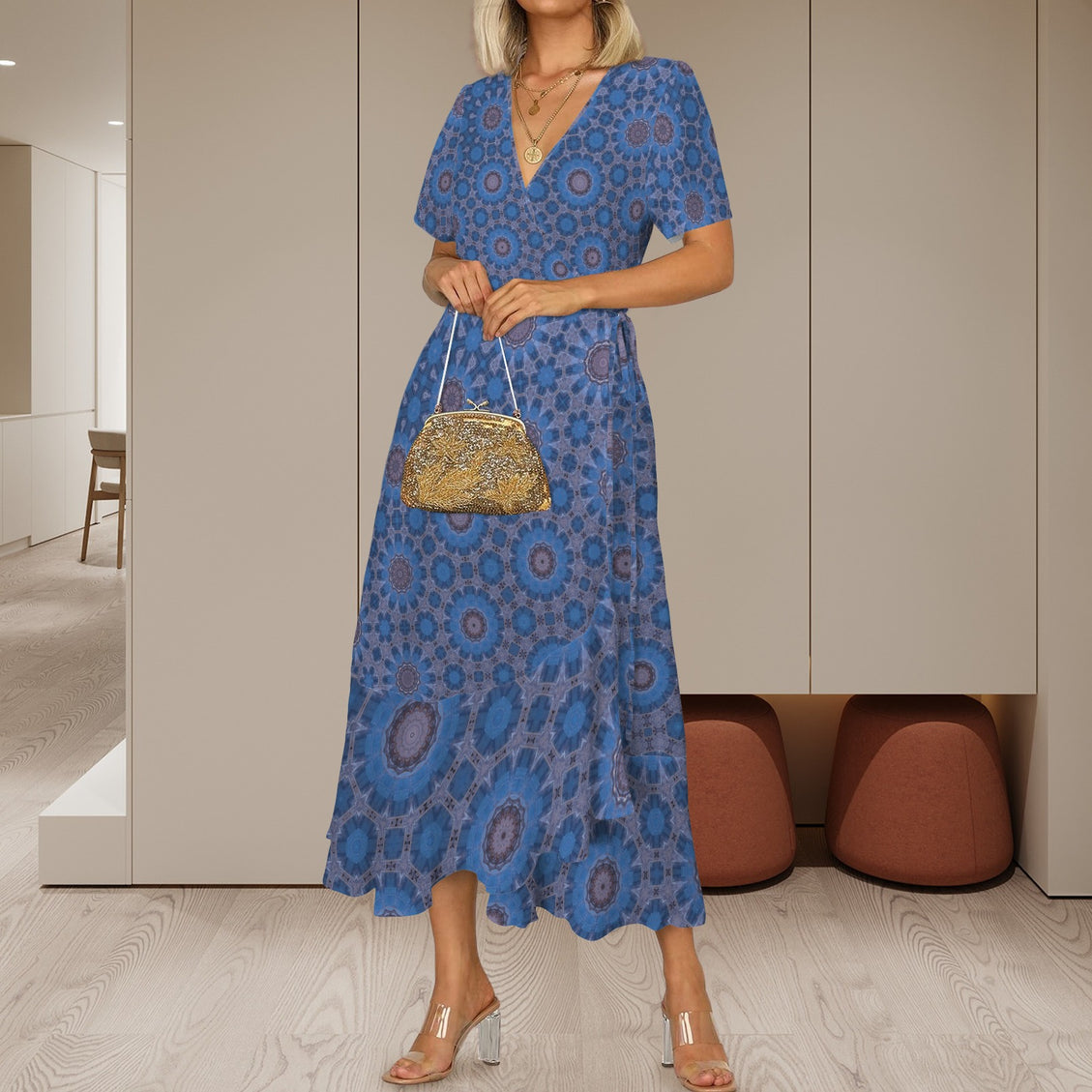 V Neck Wrap Maxi Dress Blue Hour