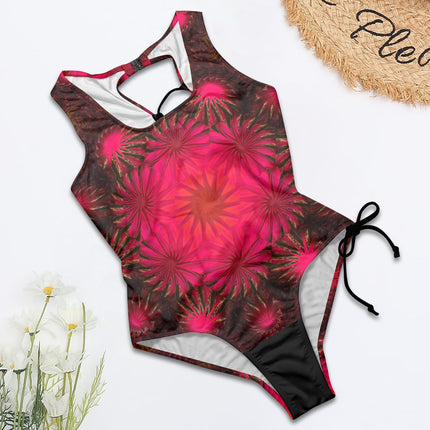 Tie Back Lace Up One Piece Swimsuit Fuchsia and Black Medallion