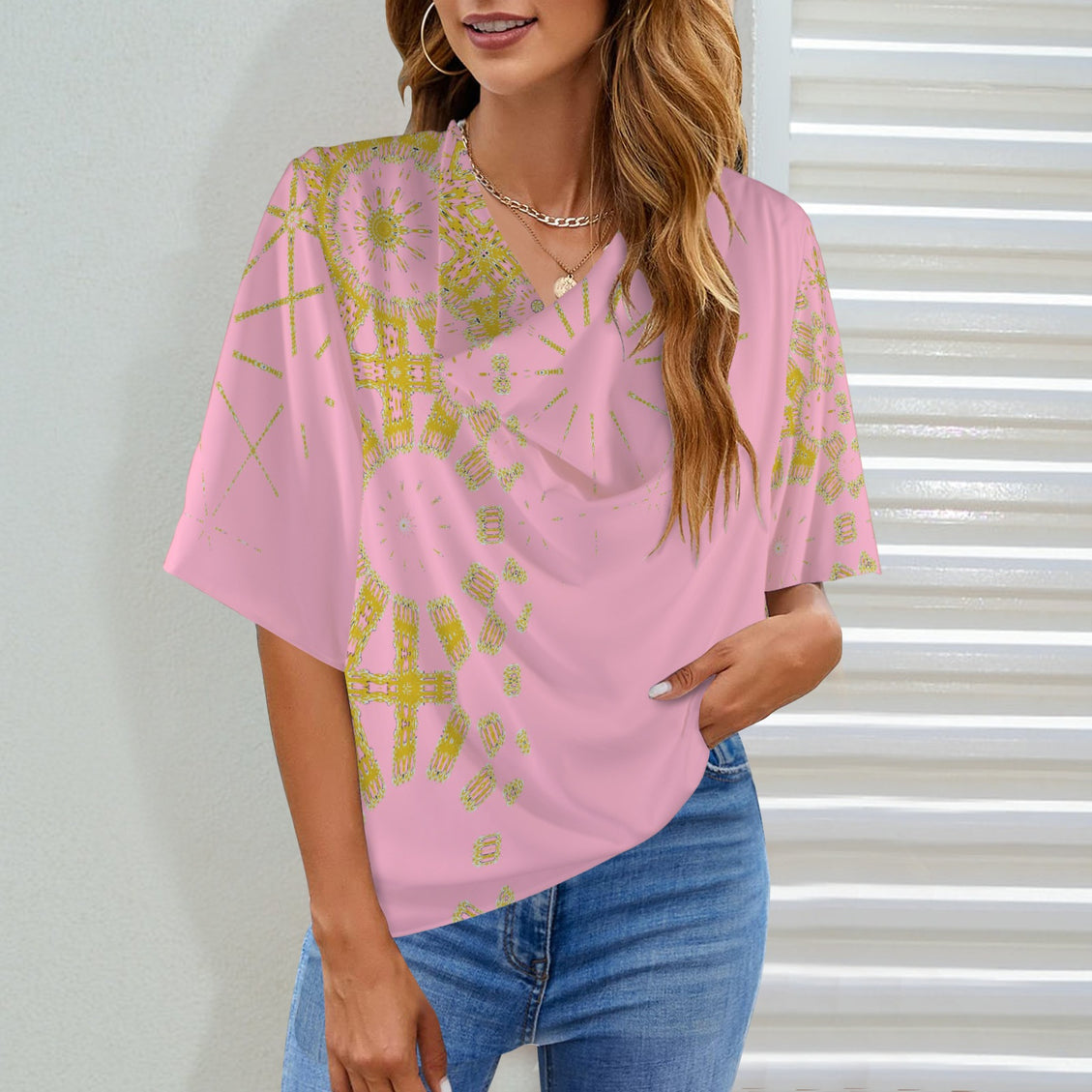 Draped Neck Blouse Pink Gold Graphic