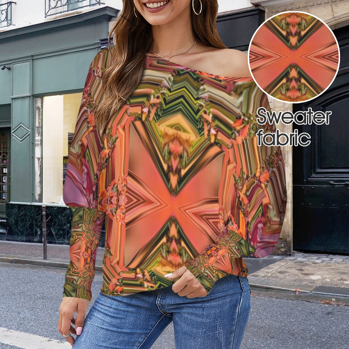 Batwing Long Sleeve Top Fall Leaves Geometric