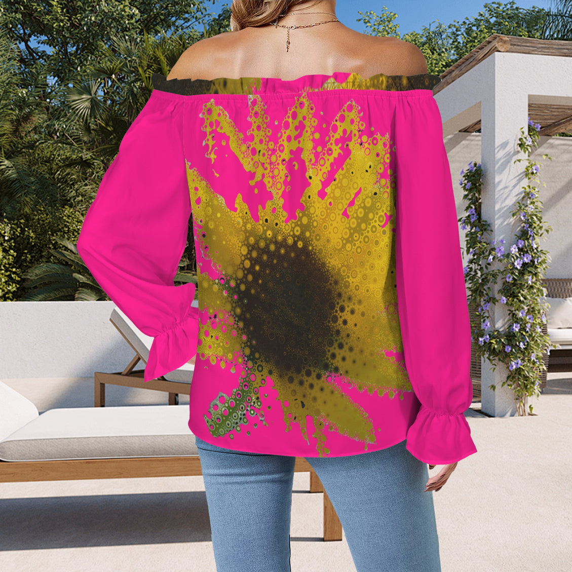 Off Shoulder Lantern Sleeve Blouse Sunflower Hot Pink