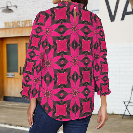 Ruffled Long Sleeve Mock Neck Blouse Red Leaves Geometric