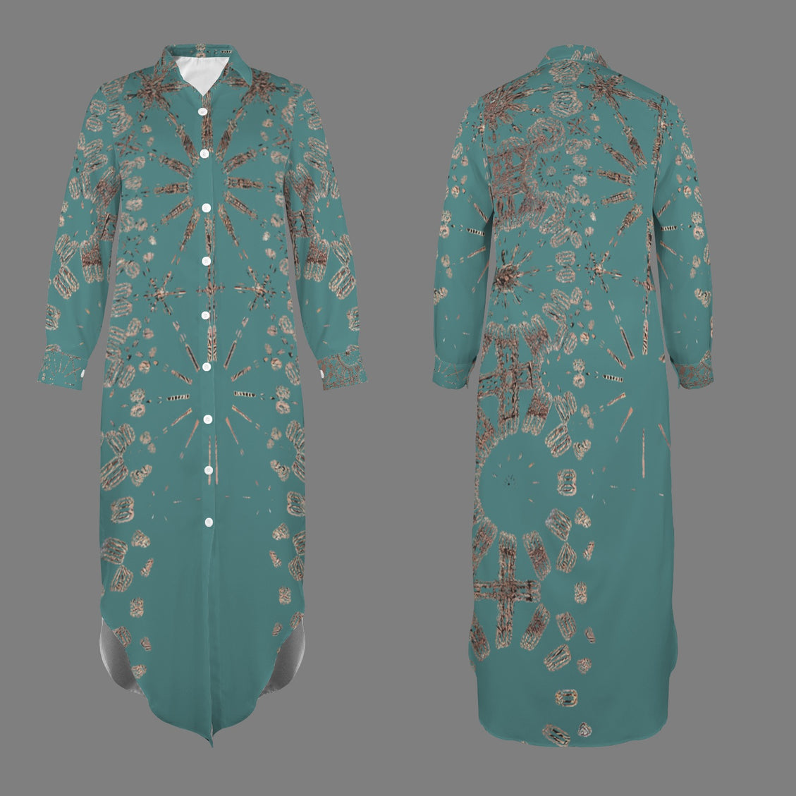 Long Sleeve Shirt Dress Copper and Teal Graphic