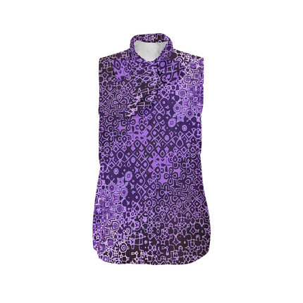 Bow Tie V Neck Sleeveless Blouse Purple and Black Abstract