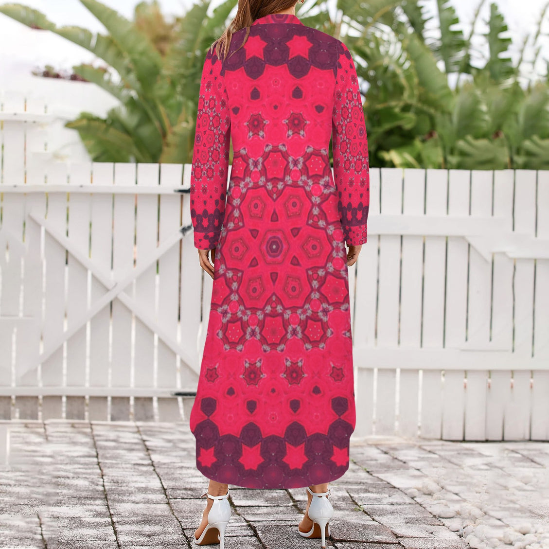 Long Sleeve Shirt Dress Hollyhocks Geometric