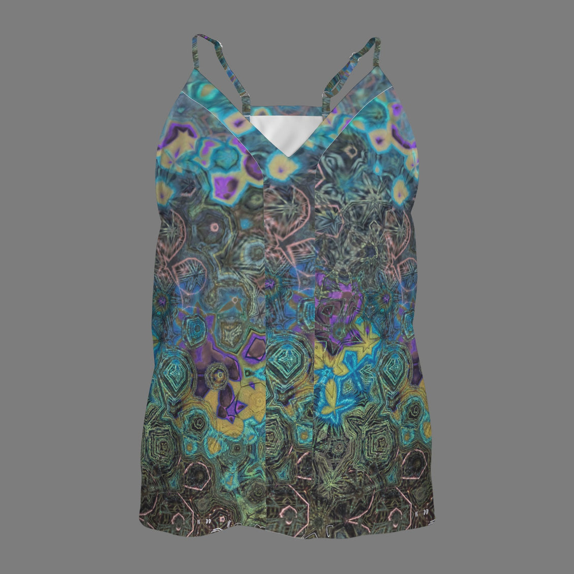 V Neck Cami Peacock Feathers Abstract Turquoise