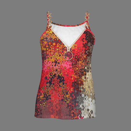 V Neck Chain Cami Red Multi Mosaic