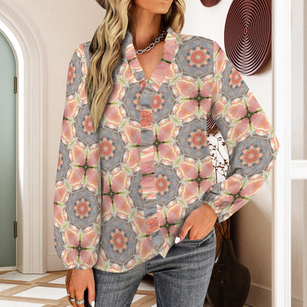 Long Sleeved Ruffled V Neck Shirt Pink Hollyhocks