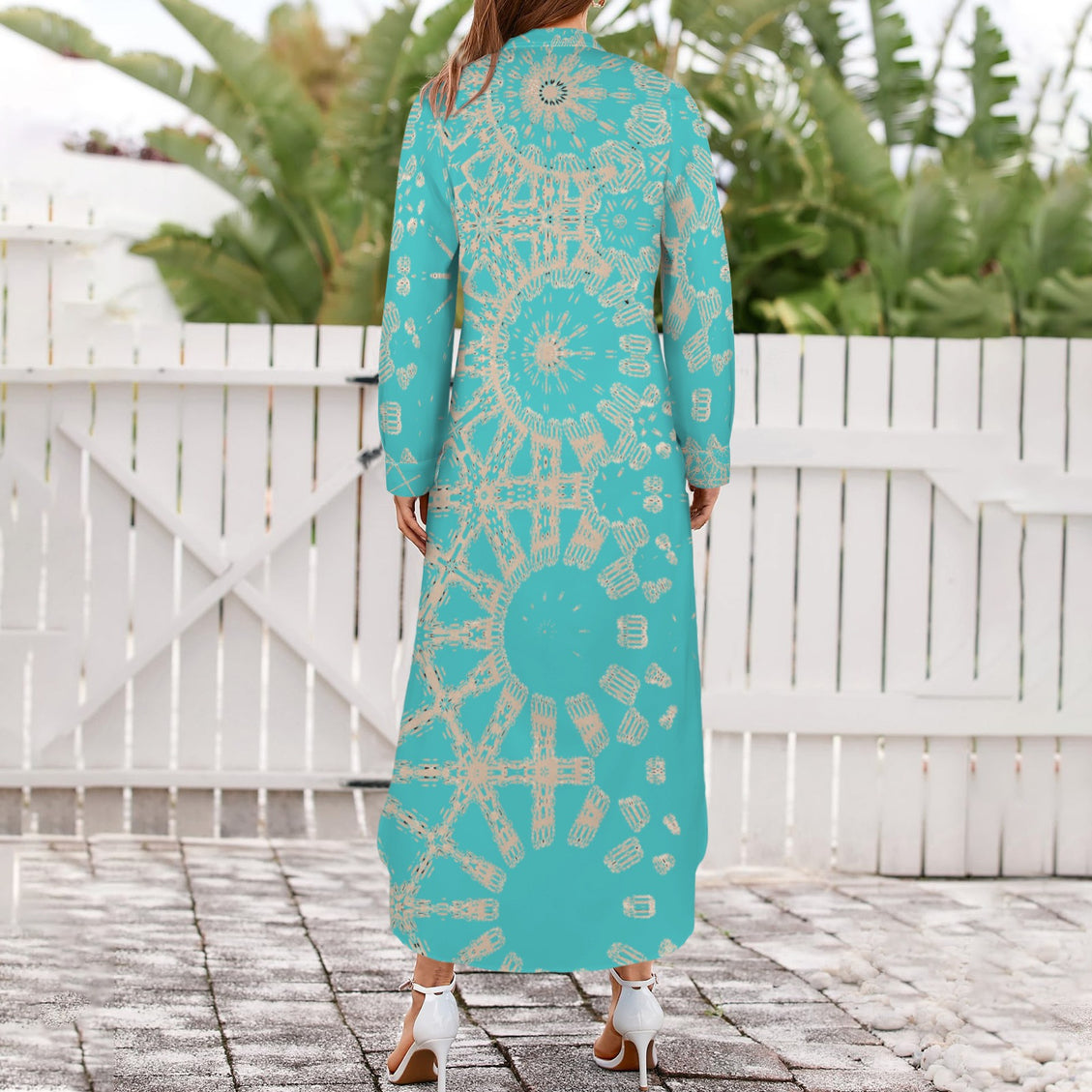 Long Sleeve Shirt Dress Taupe and Turquoise Graphic