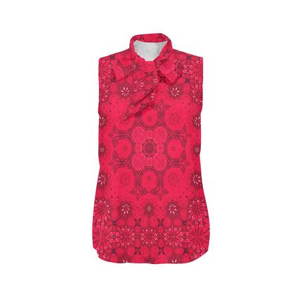 Bow Tie V Neck Sleeveless Blouse Red Hollyhocks