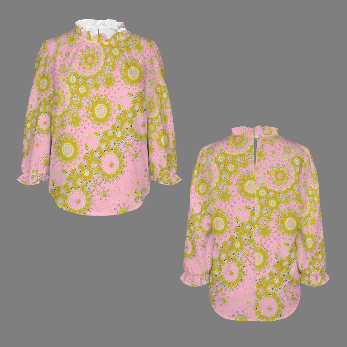 Ruffled Long Sleeve Mock Neck Blouse Pink and Gold