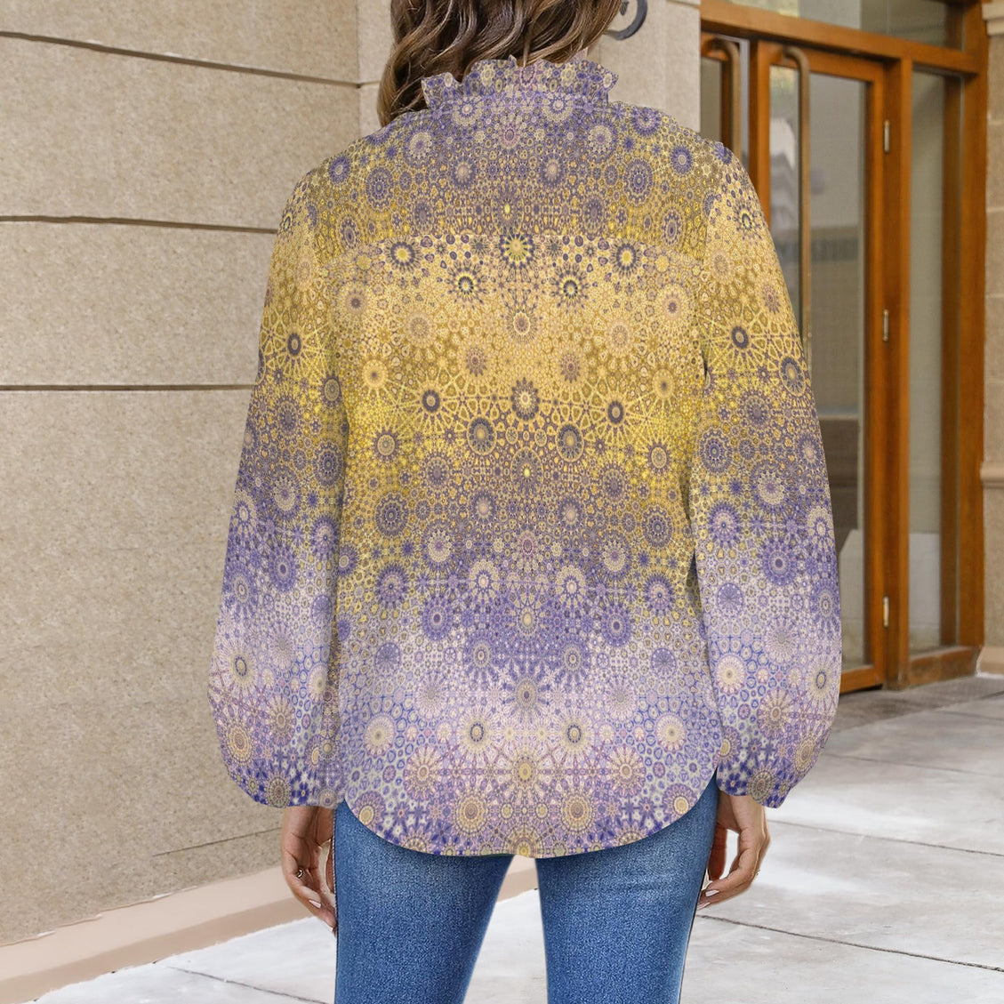 V Neck Pleated Long Sleeve Gold and Lavendar Ombre