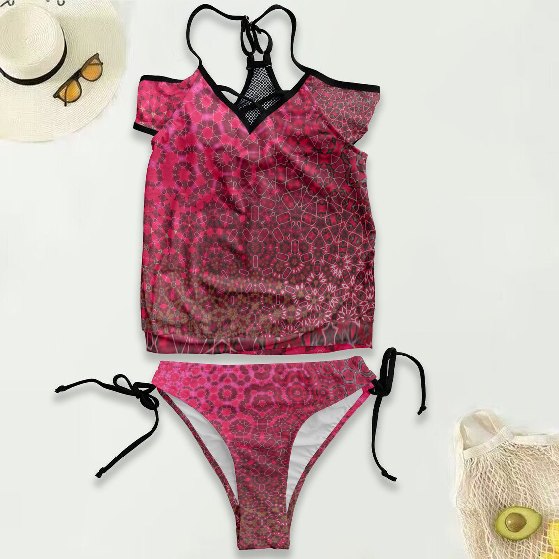 Mesh Back Tankini Red Leaves Geometric