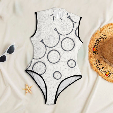 One PIece Back Zip Paddlesuit Black and Ivory Graphic