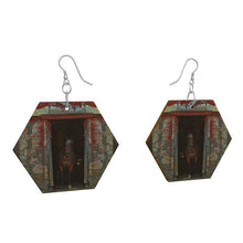 Charger l&#39;image dans la galerie, Horse in Red Barn by JVH Hexagon Wood Earrings
