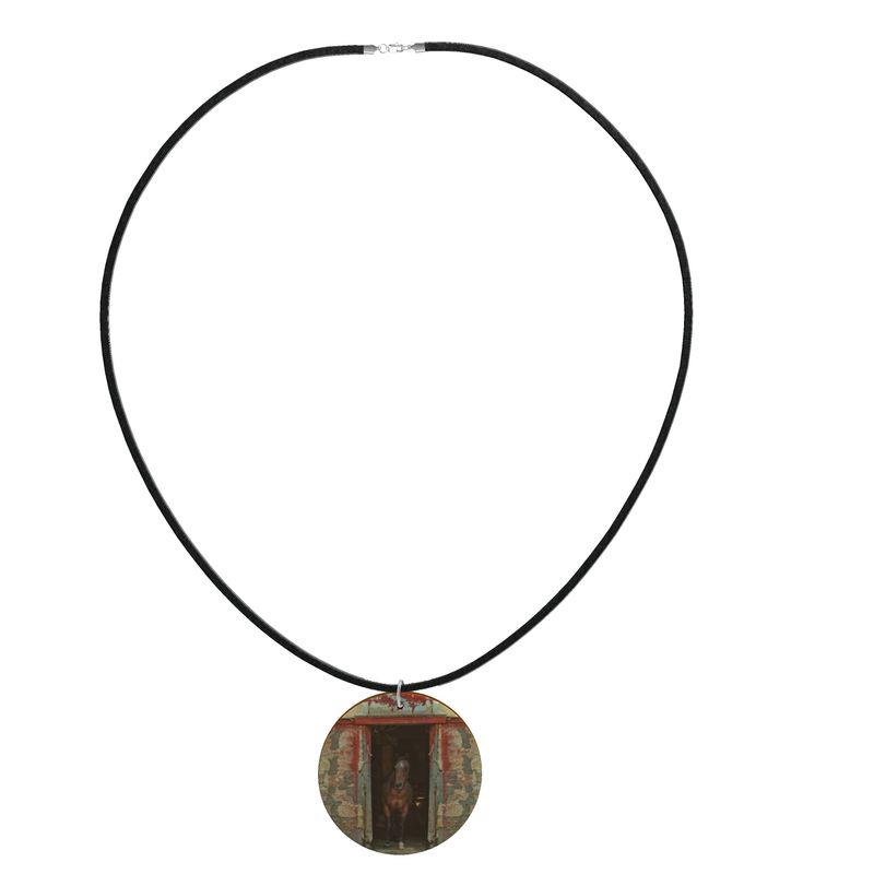 Horse in Red Barn by JVH Round Wood Necklace