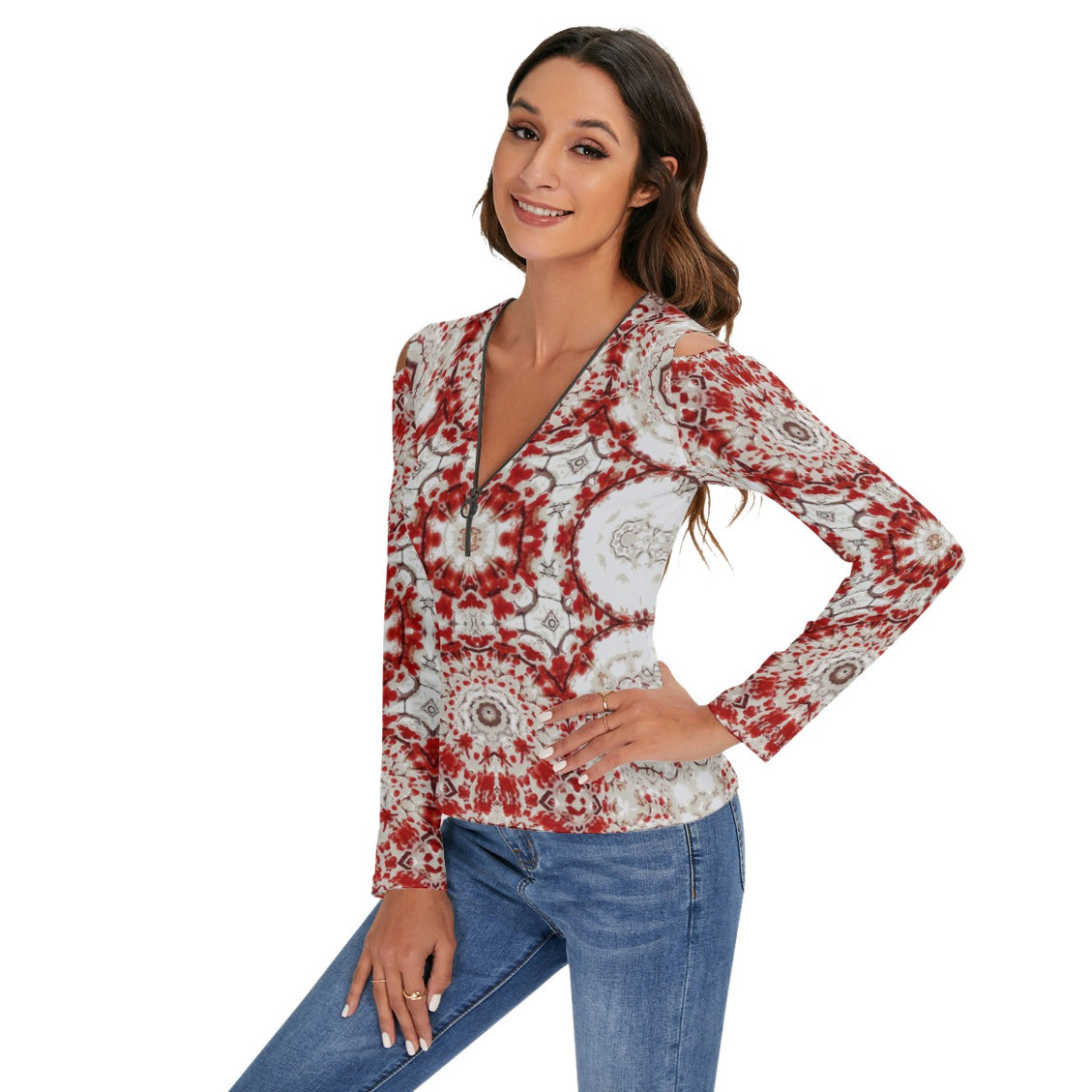 Cold Shoulder Half Zip V-Neck Blouse Buffalo Berries