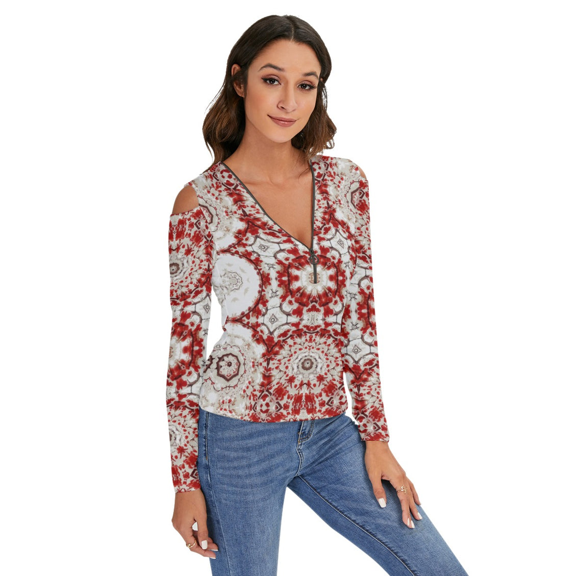 Cold Shoulder Half Zip V-Neck Blouse Buffalo Berries