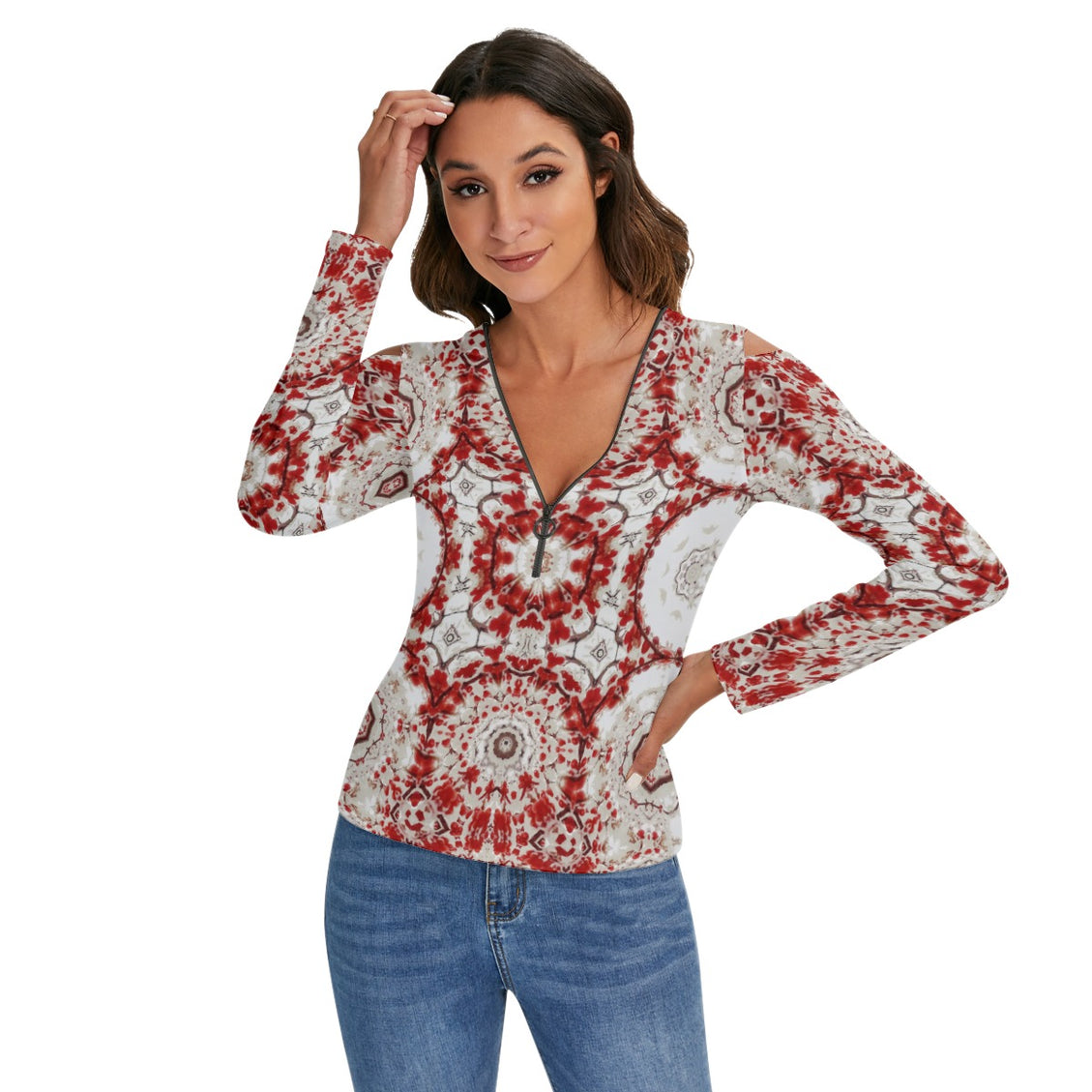 Cold Shoulder Half Zip V-Neck Blouse Buffalo Berries